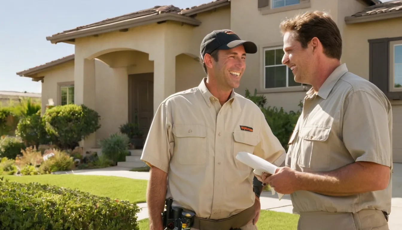Friendly pest control provider talking with a homeowner outside a stucco ranch home in San Ramon